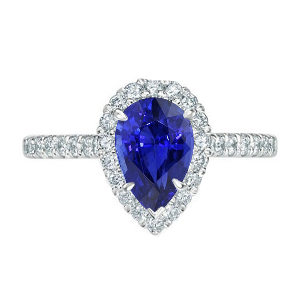 Halo Diamond   Lady’s Brilliant  Jewelry Pear Blue Sapphire Ring   White Gold 