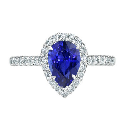 Halo Diamond   Lady’s Brilliant  Jewelry Pear Blue Sapphire Ring   White Gold 