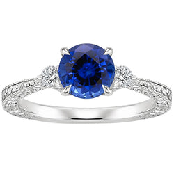 Three Stone Gold Ring Round Ceylon Sapphire & Natural Earth Mined Diamond 2.50 Carats New