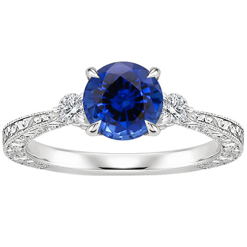 Lady’s  Style White Elegant Three Stone Gold Ring Round Ceylon Sapphire & Diamond