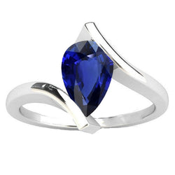 Solitaire Pear Deep Blue Sapphire Ring 14K Gold Tension Style 2 Carats
