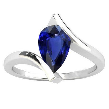 Women Jewelry Sparkling Solitaire Pear Deep Blue Sapphire Ring   Gold Tension Style