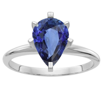 Women Jewelry Sparkling Pear Gemstone Solitaire Ring Prong Set Blue Sapphire