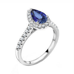 Halo Pear Blue Sapphire & Pave Set Diamond Ring 3 Carats