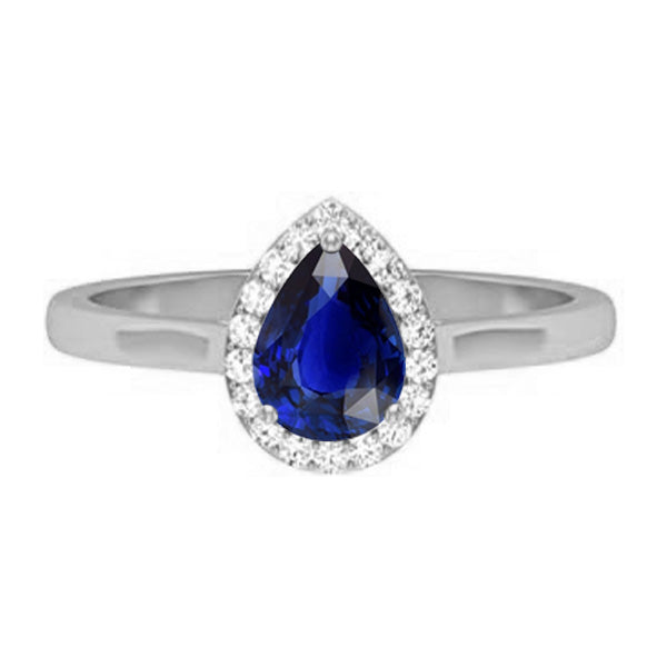 Halo Pear Deep Blue Sapphire Ring White Gold