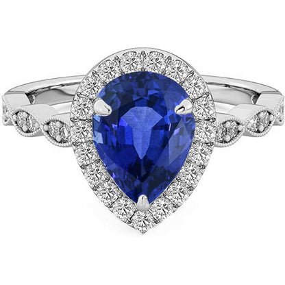 Quality Wedding   Halo Ring Pear Ceylon Sapphire & Diamonds   White Gold