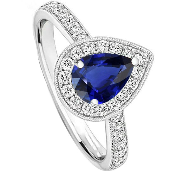 Ladies Quality Wedding   Diamond Halo Engagement Ring Pear Srilanka Sapphire