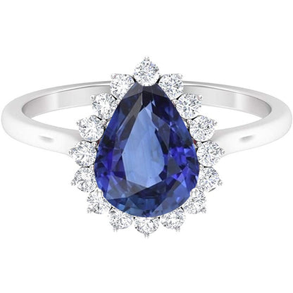 Womans  Quality Wedding   Diamond Halo Anniversary Pear Shaped Blue Sapphire Ring