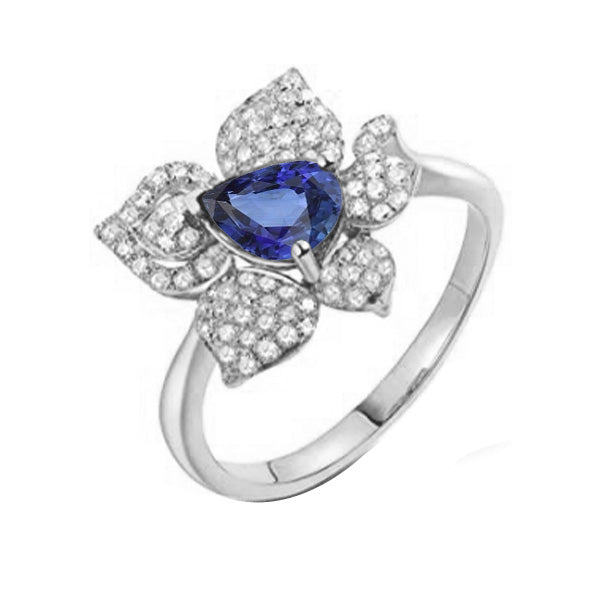 Women Jewelry Sparkling  Gemstone Ring Blue Sapphire & Diamonds  Flower Style