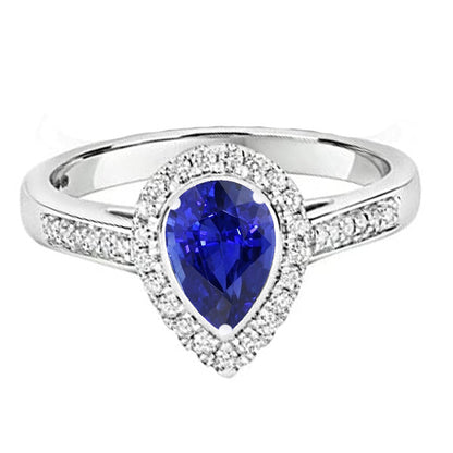 Women Jewelry Sparkling  Halo Diamond Wedding Ring Pear Cut Ceylon Sapphire Center