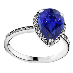 Ladies Halo Natural Earth Mined Diamond Ring & Pear Cut Sri Lankan Sapphire Gold 4 Carats