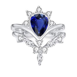 Natural Earth Mined Diamond Wedding Ring Set Pear Ceylon Sapphire 3 Carats Crown Style