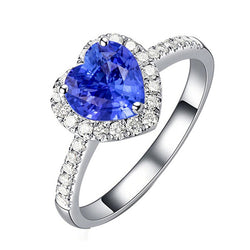Natural Earth Mined Diamond Halo Heart Shaped Blue Sapphire Ring 3.50 Carats