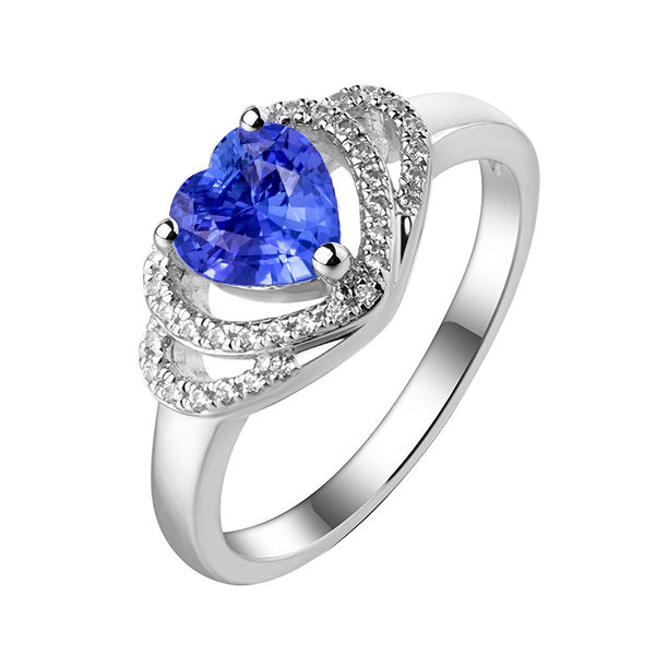 Natural Real ( Not Lab Grown )  Double Halo Heart Sri Lankan Sapphire Ring 3 Carats White Gold 14K