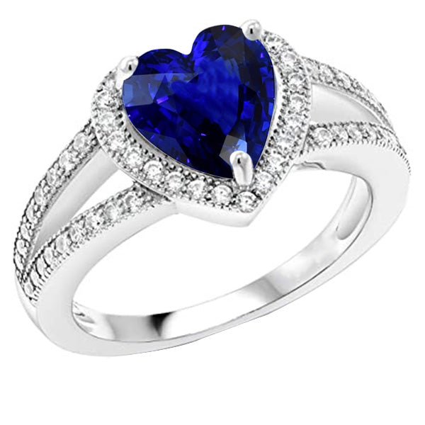 Natural Earth Mined Diamond Halo Heart Shaped Blue Sapphire Ring Split Shank 4 Carats
