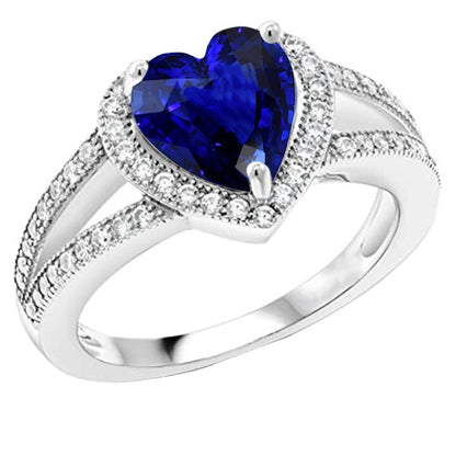 Natural Earth Mined Diamond Halo Heart Shaped Blue Sapphire Ring Split Shank 4 Carats