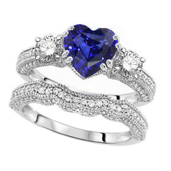 Natural Earth Mined Diamond Wedding Ring Set Heart Blue Sapphire Antique Style 3.50 Carats