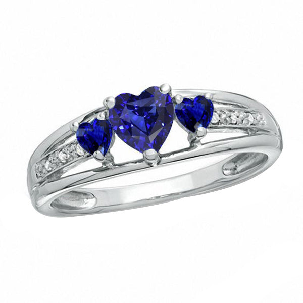 Unique Lady’s  White Gold Diamond Ring Women's Gemstone Heart Blue Sapphires