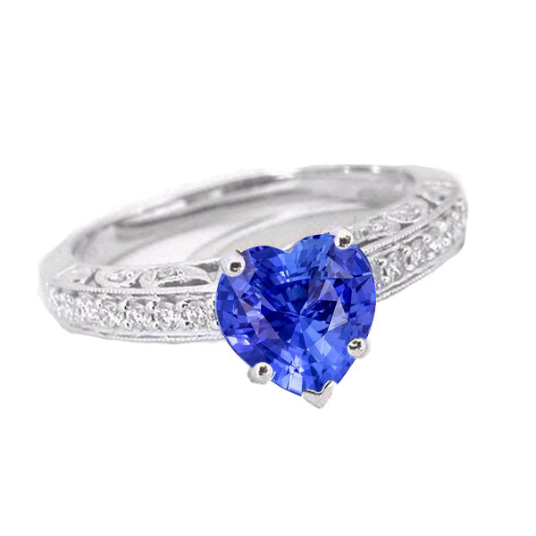 Unique Lady’s  Ladies Solitaire Heart Blue Sapphire Ring With Accents