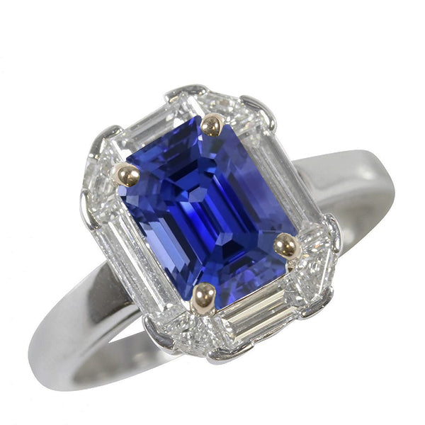 Halo Ring Emerald Blue Sapphire Trillion & Baguette Natural Earth Mined Diamonds 3 Carats