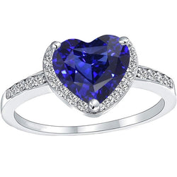 Heart Halo Blue Sapphire Ring Prong Set Natural Earth Mined Diamonds 4 Carats White Gold