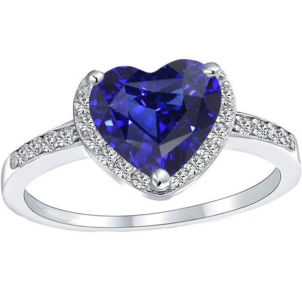 Fancy Lady’s  Heart Halo Blue Sapphire Ring Prong Set Diamonds