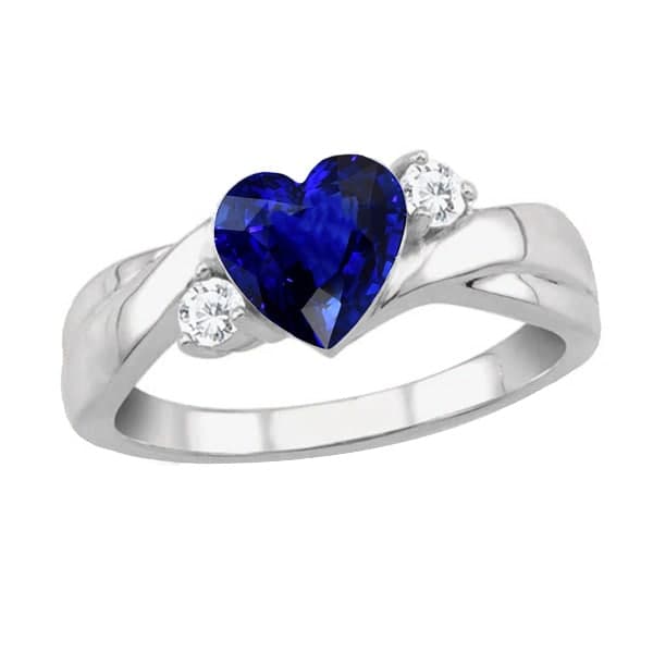 3 Stone Fancy Lady’s   Wedding Ring Blue Sapphire Heart & Round Diamonds