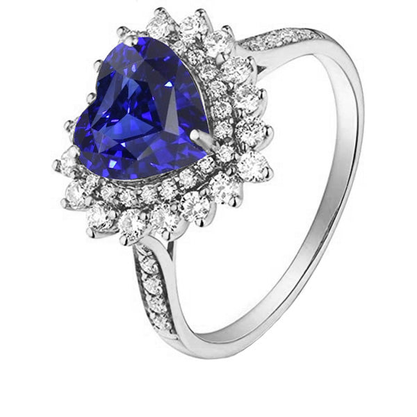New Females Stylish Double Halo Heart Ceylon Sapphire Ring Flower Style