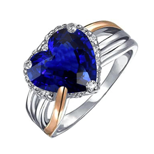 Womans Stylish FAncy Two Tone Halo Heart Ceylon Sapphire Ring Triple Shank