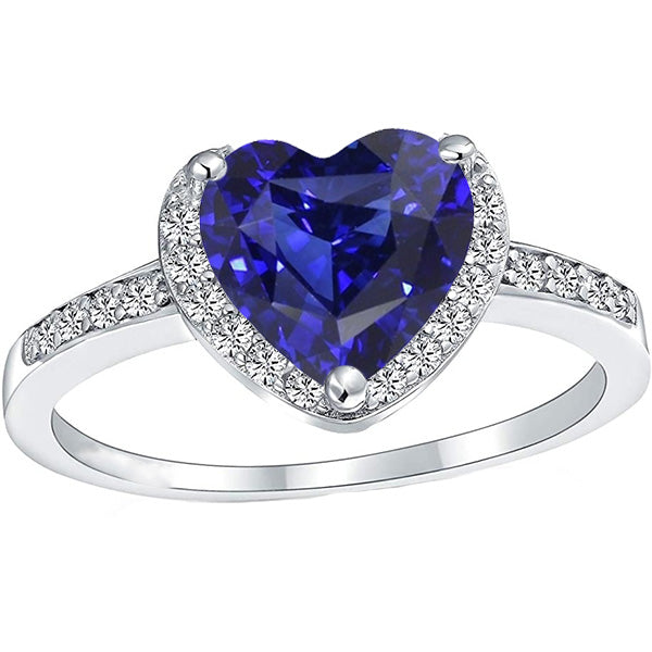 Sparkling Unique Anniversary Halo Ring Heart Deep Blue Sapphire