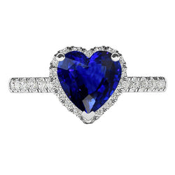 Natural Earth Mined Diamond Halo Ring Heart Blue Sapphire 3.50 Carats White Gold Jewelry