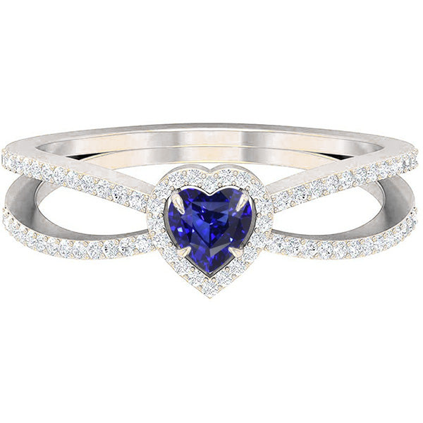 Split Shank Sparkling Unique Diamond Wedding Ring Set Heart Blue Sapphire