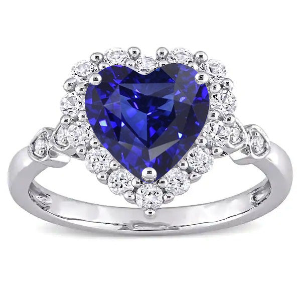 New High Quality Wedding   Halo Blue Sapphire Heart & Round Diamond Ring