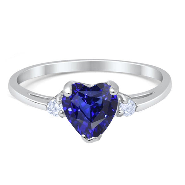 Elegant Woman's   Gold Three Stone Wedding Ring Heart Deep Blue Sapphire