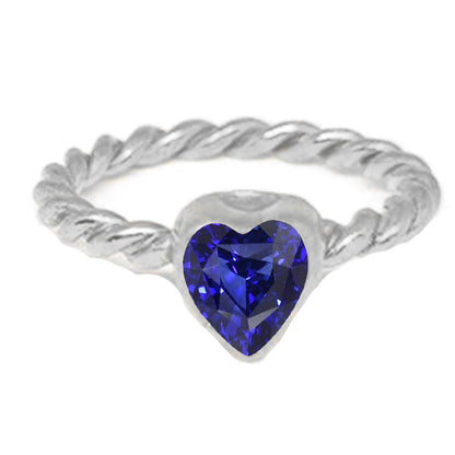 Rope Style Brilliant Sparkling    Heart Solitaire Blue Sapphire Ring Bezel Set