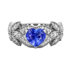 Natural Earth Mined Diamond Anniversary Heart Blue Sapphire Ring Antique Style 2.50 Carats