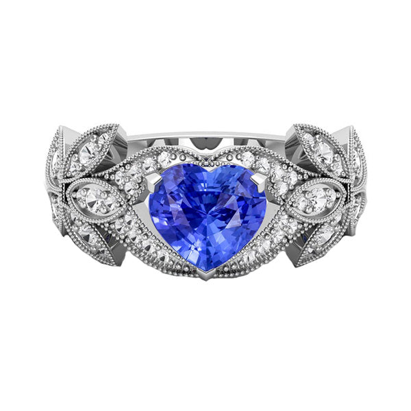 Brilliant Sparkling   Diamond Anniversary Heart Blue Sapphire Ring Antique Style