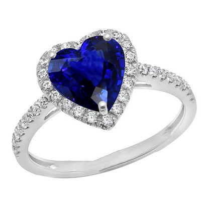 Lady’s Brilliant Engagement  Halo Heart Deep Blue Sapphire Ring With Diamond Accents
