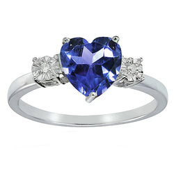 Three Stone Ring Heart Shape Blue Sapphire Round & Natural Earth Mined Diamonds 8 Carats