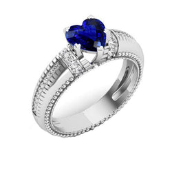 Ceylon Sapphire & Natural Earth Mined Diamond Ring Heart Cut Milgrain Shank 2 Carats