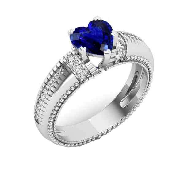 Best LAdies FAncy Ceylon Sapphire & Diamond Ring Heart Cut Milgrain Shank