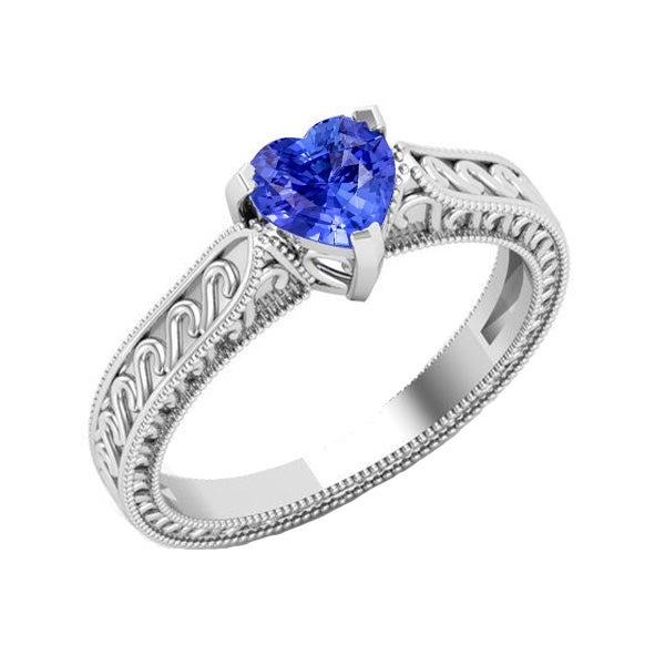 Brilliant Sparkling   Solitaire Heart Light Blue Sapphire Ring   Filigree Shank Gold