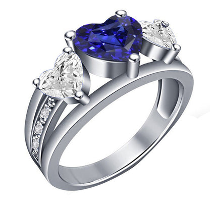 Brilliant Sparkling   Heart Diamond 3 Stone Blue Sapphire Ring With Accents 