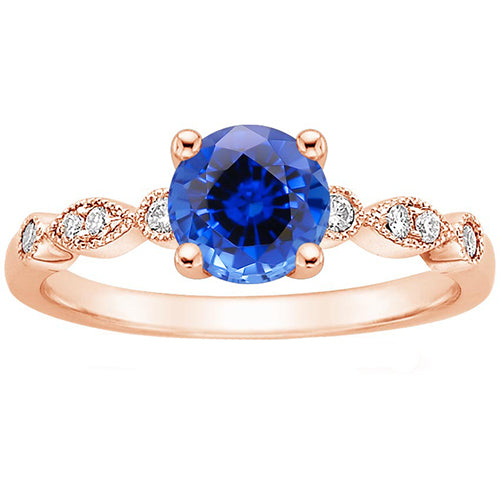 New Stylish Rose Gold Diamond Ring   Vintage Style Round Blue Sapphire Media 1 of 1