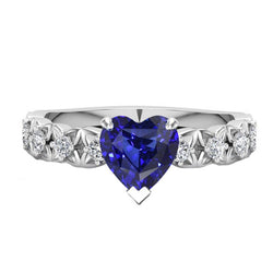 Round Natural Earth Mined Diamond Ring Heart Cut Sri Lankan Sapphire 2 Carats With Accents