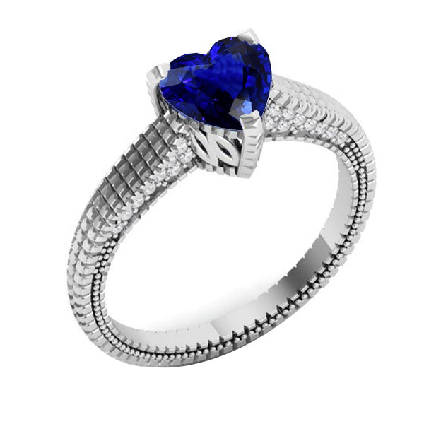 Ladies Stylish Engagement Diamond Ring Heart Blue Sapphire Antique Style