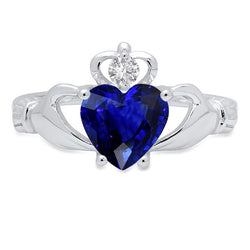 Blue Sapphire & Natural Earth Mined Diamond Ring Heart Shaped 2.25 Carats White Gold 14K