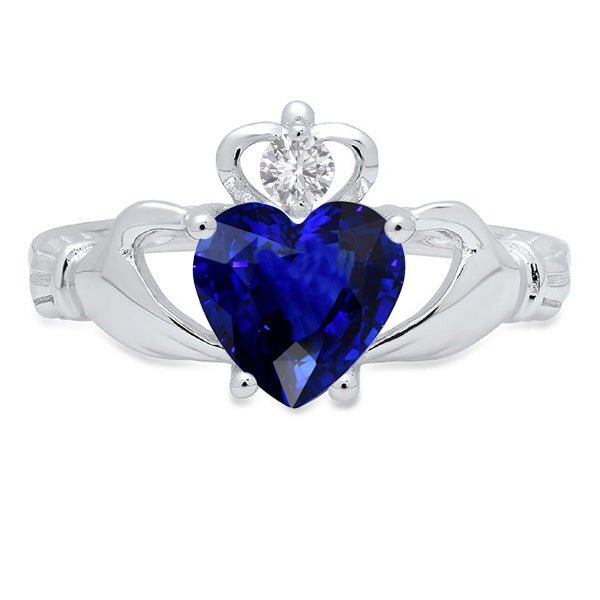 Blue Sapphire & Natural Earth Mined Diamond Ring Heart Shaped 2.25 Carats White Gold 14K