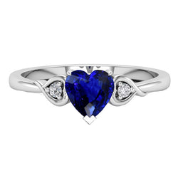 Heart Three Stone Natural Earth Mined Diamond & Deep Blue Sapphire Ring 1.75 Carats