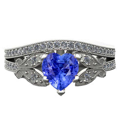 Natural Earth Mined Diamond Engagement Ring Set Heart Sapphire Butterfly Style 3 Carats